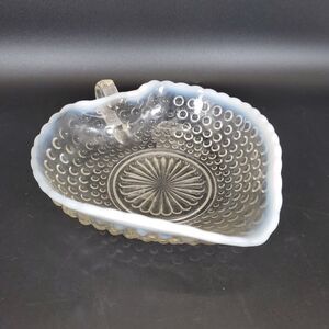 Moonstone Depression Glass Heart Dish 7x8.5" • Vintage Federal Hobnail Trinket